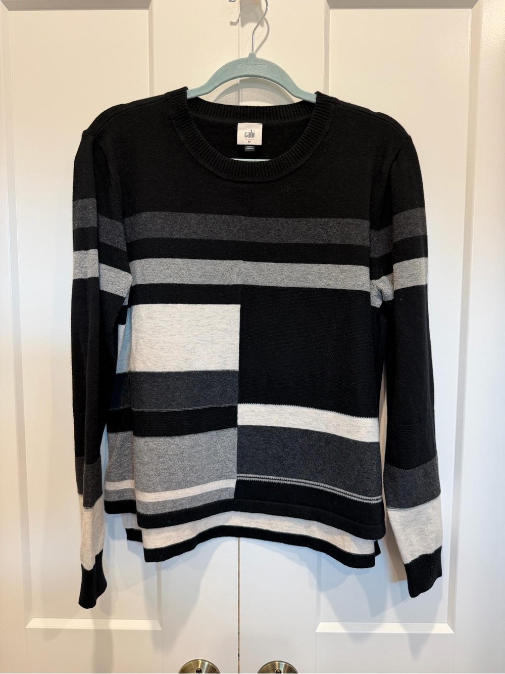 Cabi Board Game Black & Gray Striped Patchwork Crewneck Sweater Medium